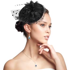 Mini Tea Party Hat for Women, Derby Fascinator Pillbox Hats Headwear Cocktail Mesh Feathers Hair Clip Derby Hat for Wedding Church Tea Party Black