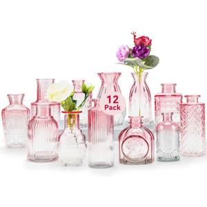 Glass Bud Vases Set of 12,Small Glass Vases for Centerpieces, Pink Bud Vases in Bulk, Mini Flower Vase, Small Vases for Flowers, Mini Vintage Vase for Wedding Home Room Office Table Decor (Pink)
