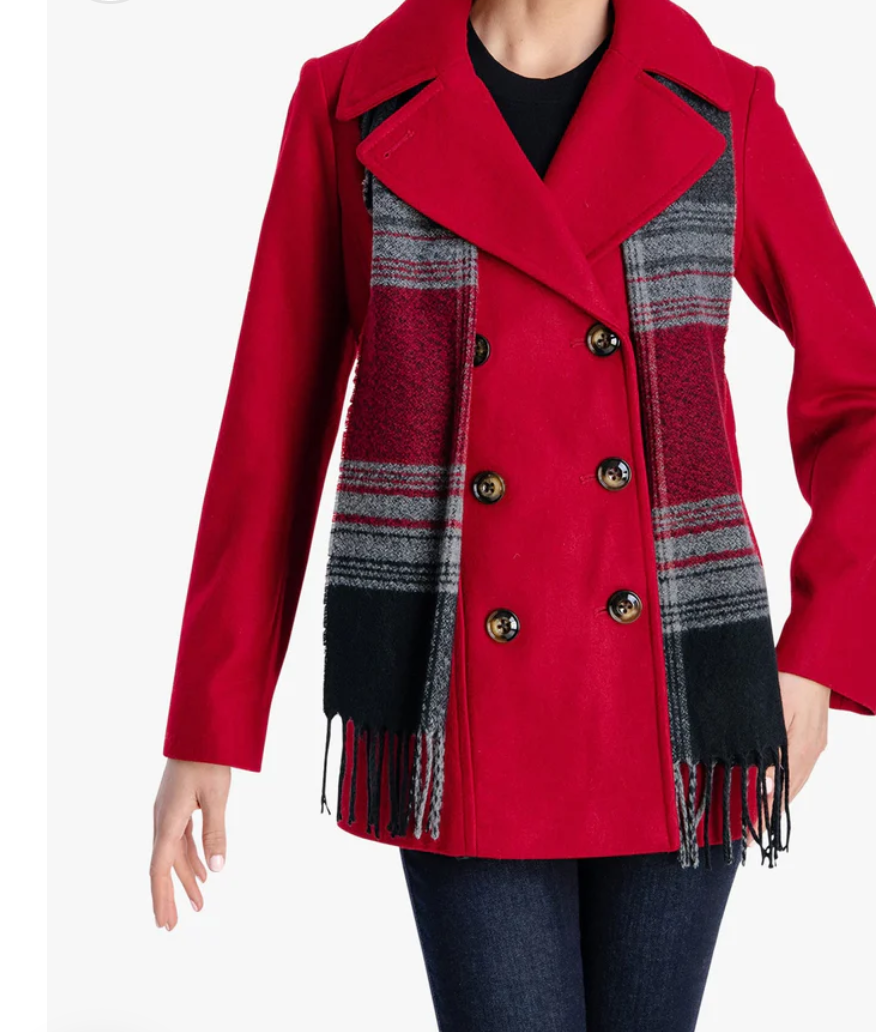 London Fog Women's Plus Size Double Breasted Peacoat With Scarf Red , 2X
