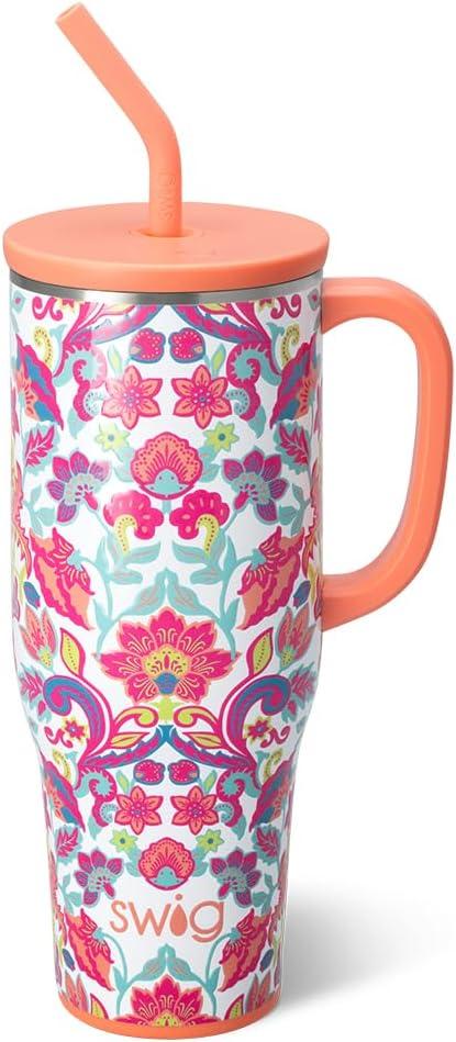 Swig Life 40oz Mega Mug, 40oz Tumbler with Handle and Straw, Extra Large Insulated Tumblers, Cup Holder Friendly Travel Mug (Flourish)
