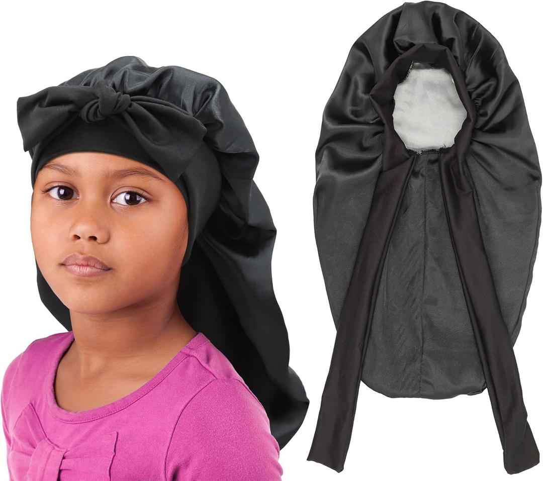 Kids Braid Long Bonnet Girls Satin Bonnet Sleeping Cap Double Layer with tie Band Silk Hair Bonnet for Toddler Child