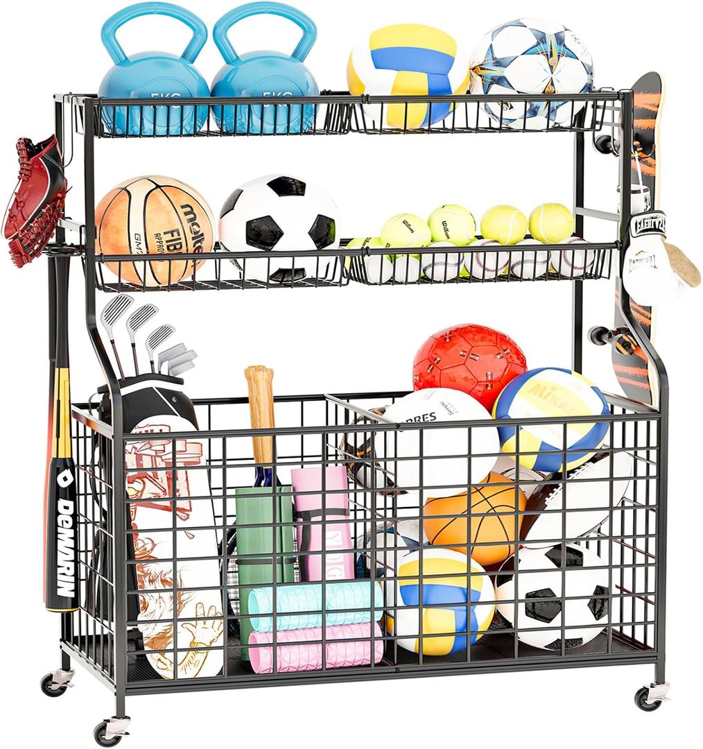Garage Sports Organizer, Sports Rack for Garage Ball & Gear Storage, Indoor/Outdoor, Rolling Cart