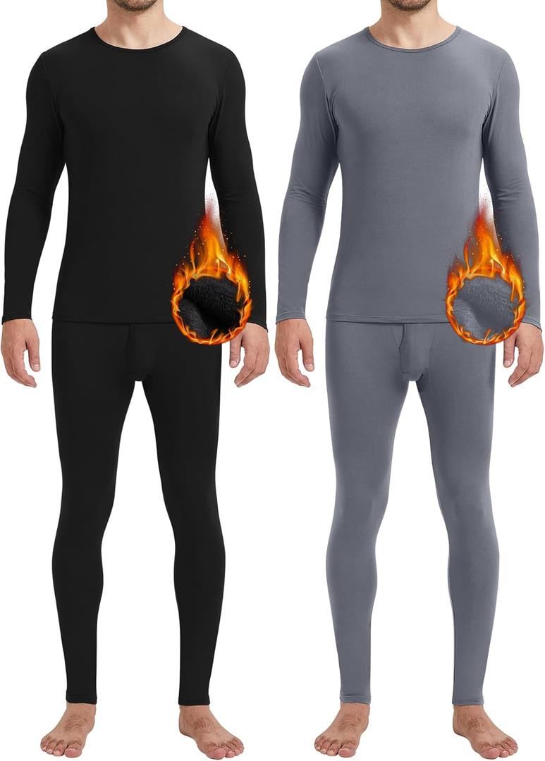 Patelai 2 Pack Men Thermals Top and Bottom Set Undergarments Lined Thermal Underwear Men Base Layer for Fall Winter (Small, Black, Dark Gray)