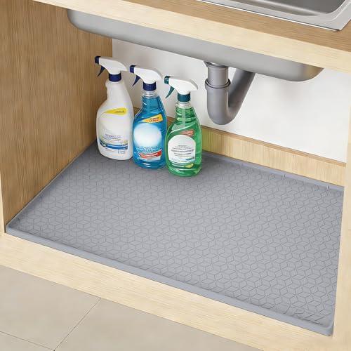 TRZZ Silicone Waterproof Under Sink Mat 22" x 19", Drip Tray and Cabinet Liner for Kitchen and Bathroom, Prevents Water Damage and Organizes Cabinets (Grey)