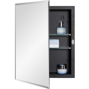 Black Bathroom Medicine Cabinet with Beveled Edge Mirrored Door 14 x 18 Inch, Recessed or Surface Mount, with Adjustable Glass Shelves