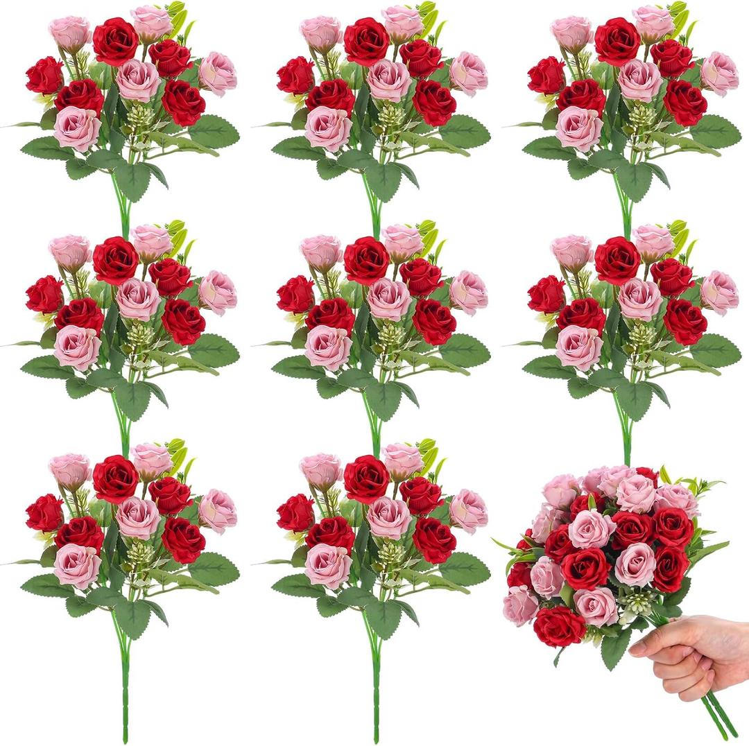 Zeyune 8 Pack 12 Inch Mini Red and Pink Artificial Rose Bouquet 80 Heads Fake Silk Roses Flowers Bunches with Stems Wedding Bouquets for Bride Bridesmaid Valentine's Day Decorations