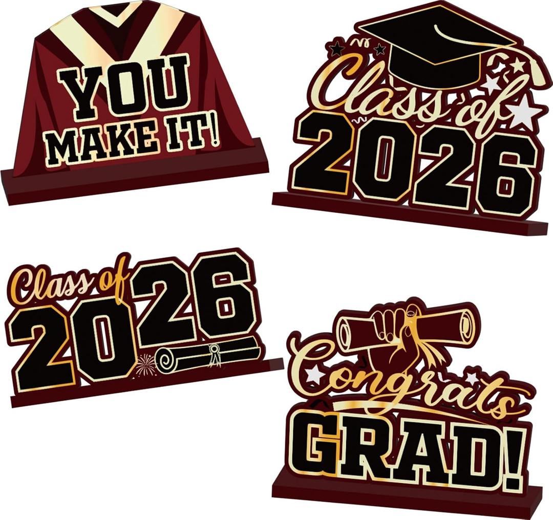 4 PCS Class of 2026 Wooden Graduation Centerpieces, Black and Red Graduation Table Centerpieces with Jack Base, Congrats Grad Sign for Class of 2026 Celebrations Party Decorations Supplies