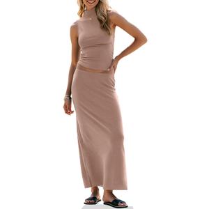 UEU Womens Skirt Set 2 Piece Outfits Summer Trendy Crop Sleeveless Tank Top High Waist Bodycon Maxi Long Dress Sets (L)