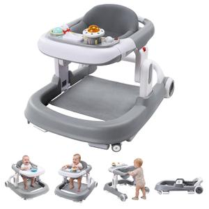 Baby Walker with Wheels, 5-in-1 Foldable Infant Toddler Walker for Boys Girls 6-18 Month,One-Step Fold Structure, 3 Adjustable Heights, Detachable Seat,Push Walker with Speed Control Wheels, Grey