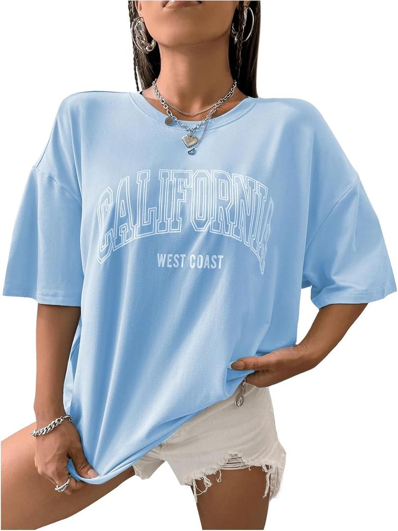 SOLY HUX Women's Graphic Tees Letter Print Half Sleeve Drop Shoulder Oversized T Shirt Loose Casual Tops (Blue, L)