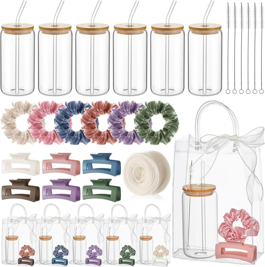 SiliFine 25 Pcs/6 Set Birthday Gifts for Girls, Multicolor Birthday Gifts Party Supplies 6 Glass Cups 6 Hair Bands 6 Hair Clip 6 Tote Bags 1 Ribbon for Women Spa Sleepover Slumber Party Favor