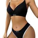 Verdusa Women's Letter Print Lingerie Sets 2 Piece V Neck Bra and Panty Set (Large, Black)
