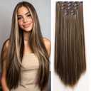 Clip in Hair Extensions Straight 26 Inch Long Synthetic Hairpieces for Women 5Pcs Medium Brown to Blonde Highlights Clip Ins Natural Soft Thick DIY Styling Fiber Hair Party Daily Use