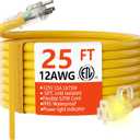 HUANCHAIN 12/3 Gauge Heavy Duty Outdoor Extension Cord 25 ft Waterproof with Lighted end, Flexible Cold-Resistant 3 Prong Electric Cord Outside, 15Amp 1875W 12AWG SJTW, Yellow, ETL
