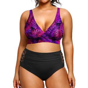 Yonique Womens Plus Size Bikini High Waisted Swimsuits Two Piece Bathing Suits Tummy Control Swimwear (Purple Leaf),Size: 18 Plus