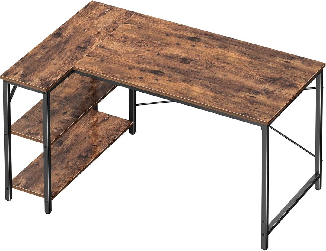 Huuger L Shaped Computer Desk with Reversible Storage Shelves, Gaming Corner Desk for Home Office, Writing Study Desk with Metal Frame, Rustic Brown (47 inch)
