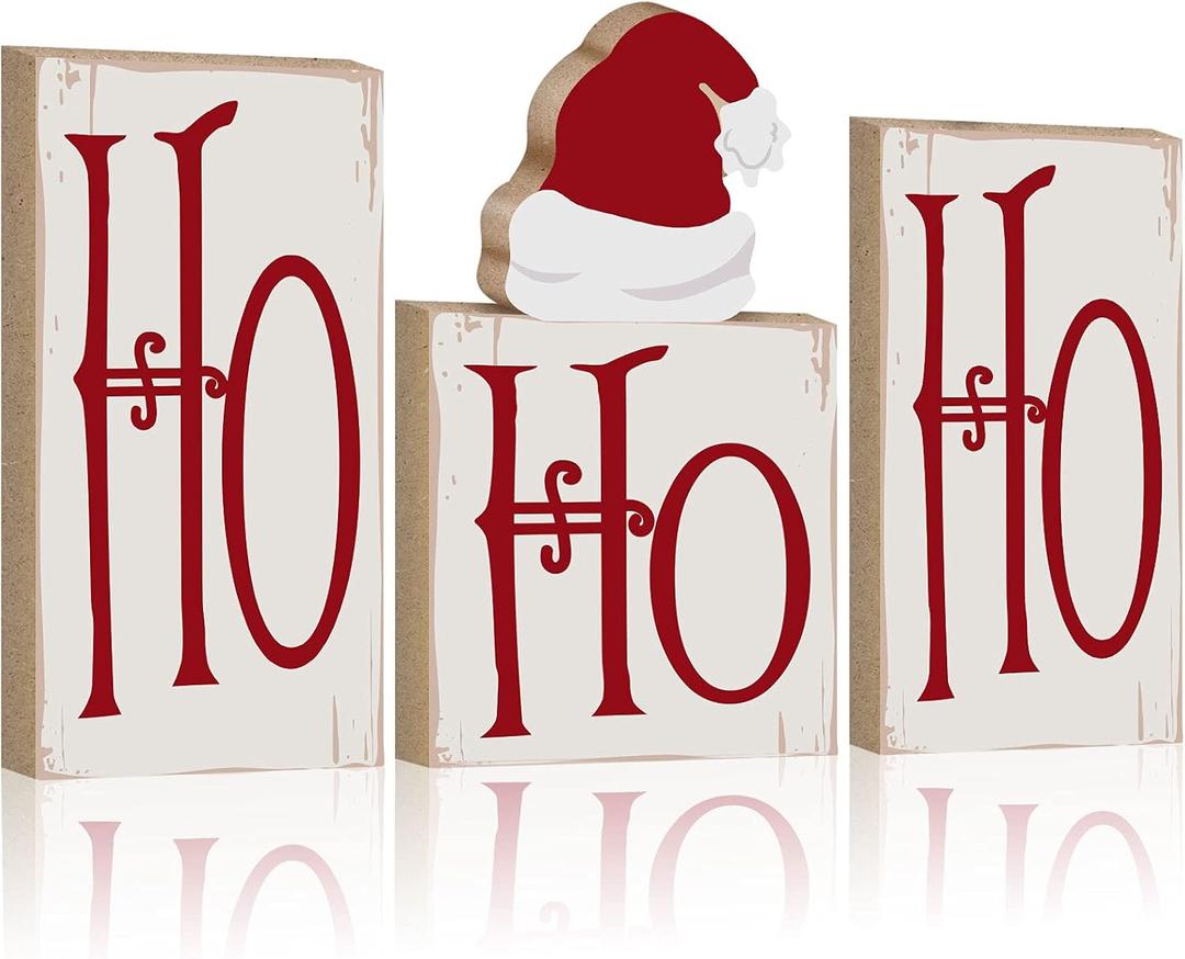 Thyle 4 Pieces Christmas Ho Ho Tabletop Decoration Wood Glitter Christmas Blocks Xmas Wooden Table Sign Holiday Xmas Dinner Party Decor (White with Red Letters)