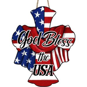 4th of July Wreaths,SWEKKE Welcome Wreath for Front Door, God Bless The USA Welcome Wooden Decor Door Sign Wreath 12 Inch, Welcome Cross Irregular with Tricolor Flag Welcome Door Sign Decorations