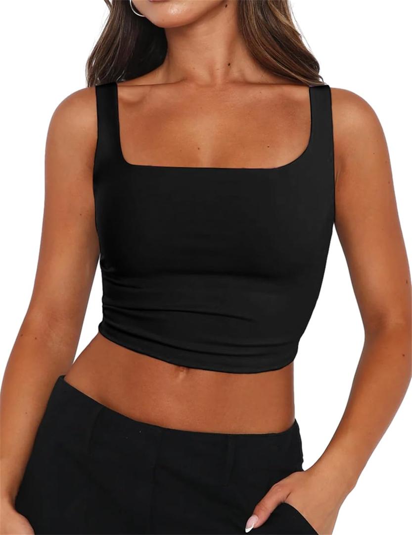 Zeagoo Women's Square Neck Sleeveless Crop Tops 2026 Cute Double Layer Casual Slim Fit Trendy Tank Tops (X-Large, Black)