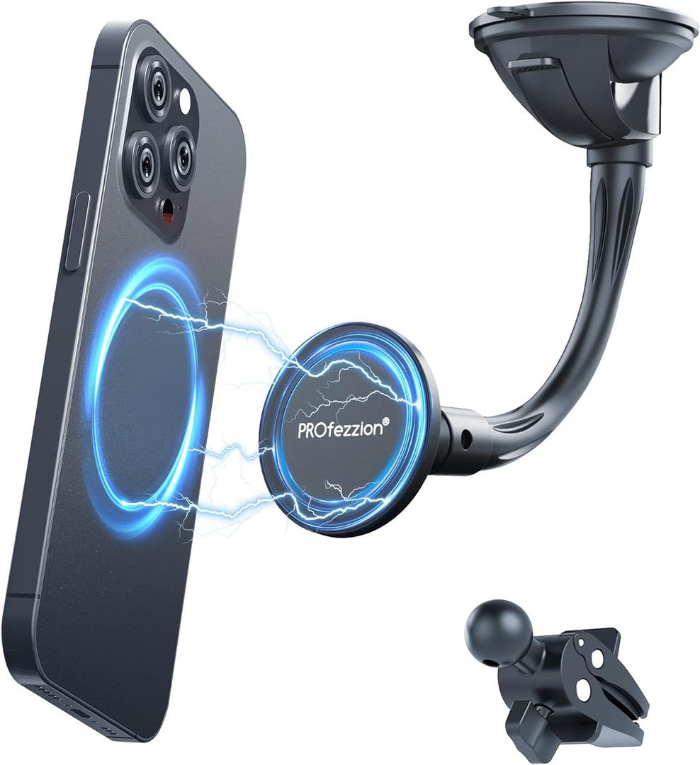 PROfezzion Suction Cup & Vent Clip Combo Magnetic Phone Holder Compatible with MagSafe on Car Windshield, Dash or Vent for iPhone 17 16 15 14 13 12 Pro Max, Mag-Safe Case & All Phones [Aluminum Rod]