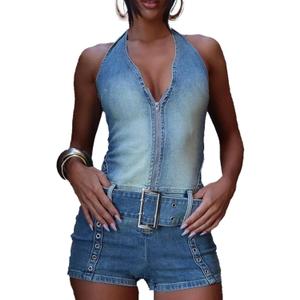 Mandonce Denim Romper for Women Off the Shoulder Halter V Neck Distressed Stretchy Jean Shorts Bodycon Jumpsuit with Belt (Medium, 1-blue)