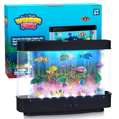 Artificial Fish Tank Virtual Ocean Toy with 2H or 6H Timer, Dimmable Lights, Mini Desk Decor, Colorful Aquarium, Motion Lamp Night Light for Kids with Moving Fish