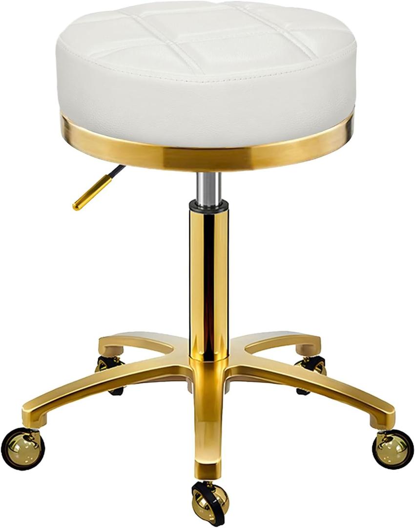 Gold Rolling Vanity Stool with Wheels, (White, Without Back)