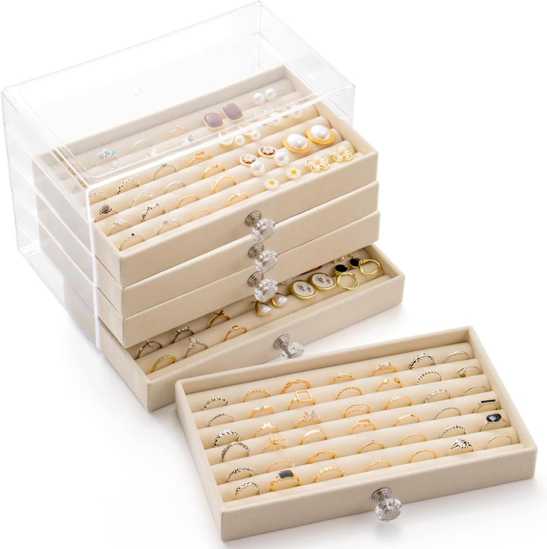 SPAKOWN Ring Box Display Holder, Clear Velvet Jewelry Storage Tray Organizer for Ring Stud Earring (Beige - 5 Drawers)