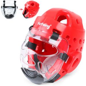 Kids Adults Karate Headgear MMA Martial Arts Helmet, Removable Face Shield, Soft Head Gear for Sparring Grappling Muay Thai Kickboxing Taekwondo Training (Small, Red)