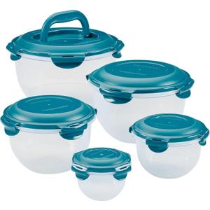 Rachael Ray Leak-Proof Nestable Container Food Storage Bin Set, 10-Piece, Clear with Teal Lids
