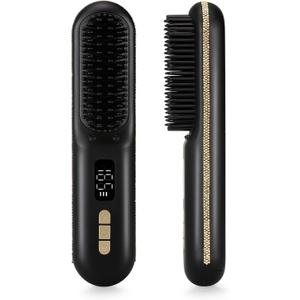 Cordless Hair Straightener Brush, Go Brush Pro, Portable Crystal Diamond Bling Mini Straightening Brush for Travel, Negative Ion Hot Comb with 9 Temps, Anti-Scald Ceramic, Fast Charging for Women,A-black With Chorme Gold