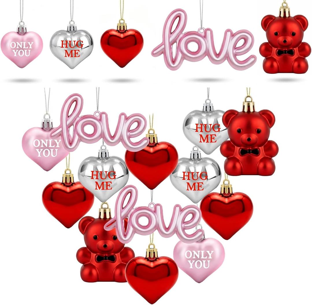 16pcs Valentines Day Decorations Heart Ornaments for Tree Romantic Hanging Ornaments for Christmas Tree Bear Heart Shaped Valentines Decor for Wedding Xmas Valentine Anniversary