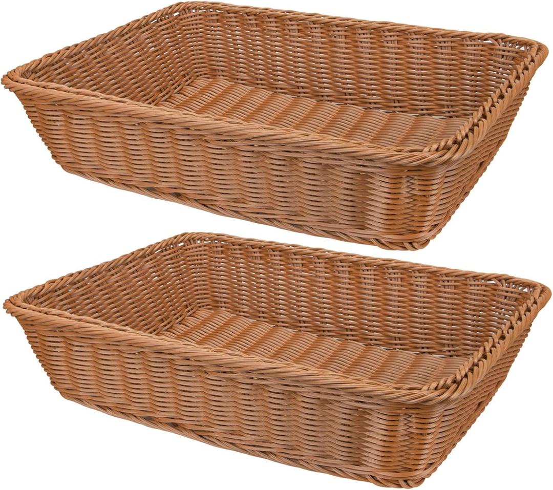Yarlung 2 Pack Woven Bread Basket, Plastic Wicker Fruit Baskets 15.7 x 11.4 Inch, Imitation Rattan Food Serving Trays for Vegetables, Kitchen, Restaurant, Outdoor, Brown