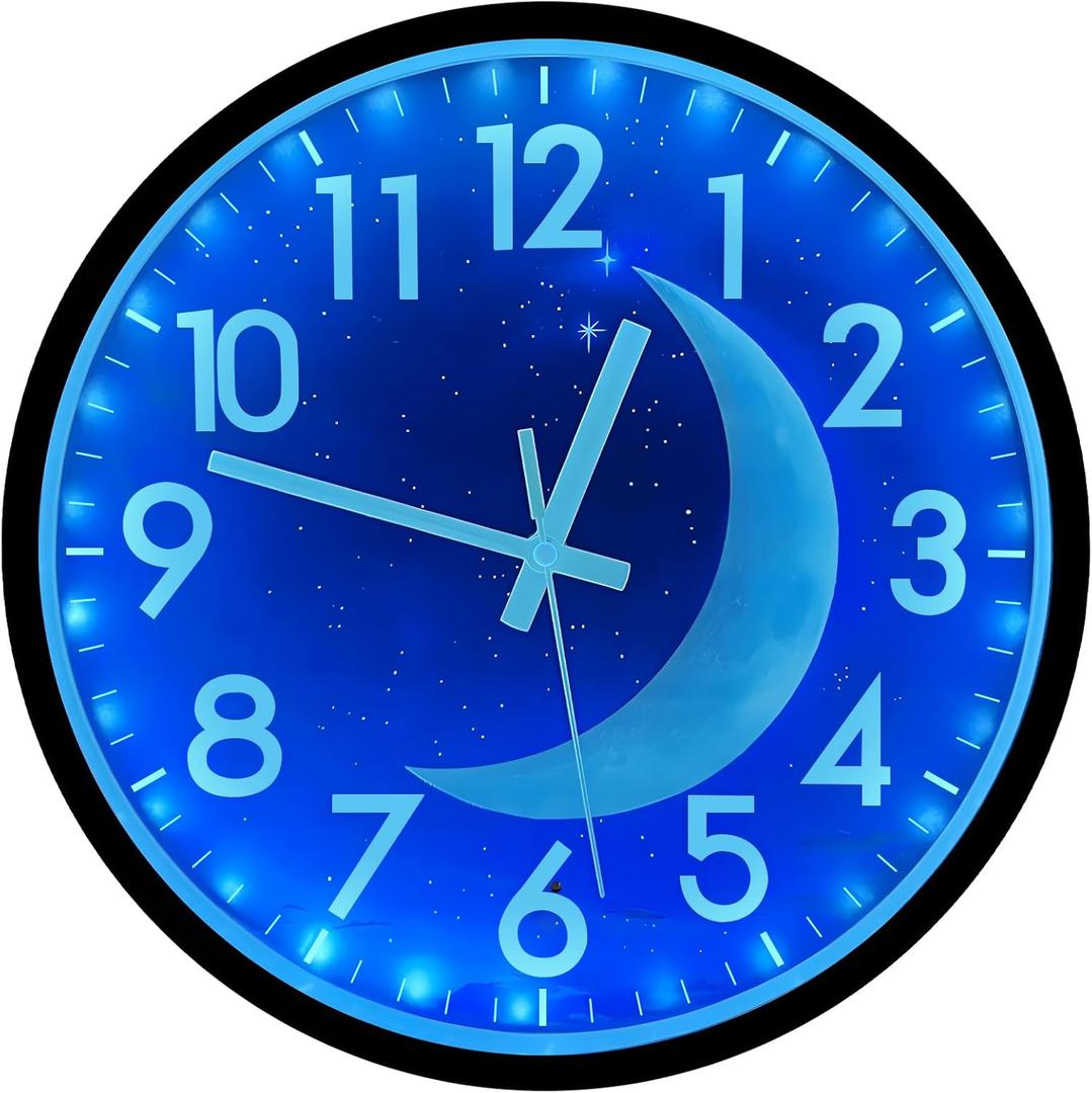 JoFomp LED Light Up Wall Clocks Glow in Dark, 12 Inch Silent Wall Clock Battery Operated, Blue Moon Night Light Wall Clocks for Living Room Decor, Sound Control Glow in The Dark Wall Clock for Bedroom