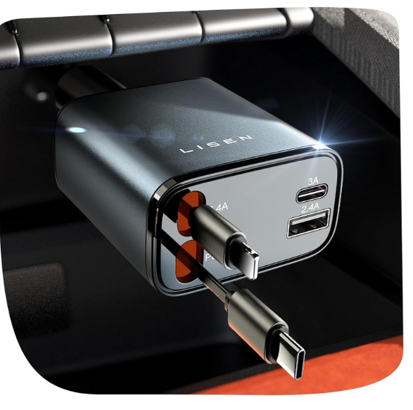 LISEN Retractable Car Charger, for Gifts for Him Her, 69W Cars Adapter USB C Fast Charger for iPhone 1711, Car Accessories Gadgets for Men, Anniversary Birthday Gifts for Men Women, for Samsung