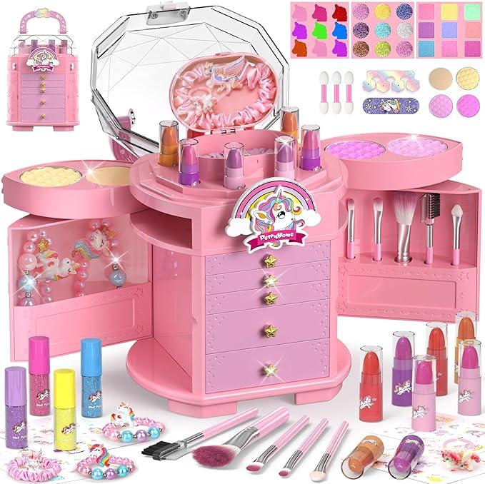 PERRYHOME Kids Makeup Set for Girls, 63 Pcs Washable NonToxic Real Cosmetic Toddler Makeup Kit, Unicorn Princess Play Makeup Toys Birthday Gifts, Dress up Time Girl Toys for 3 4 5 6 7 8 9 10 11 12