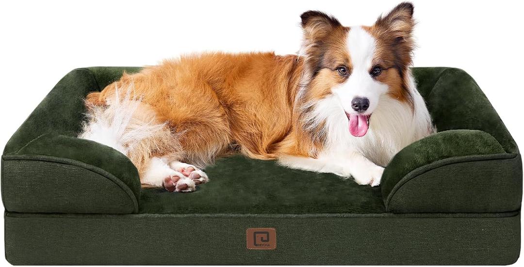 EHEYCIGA Orthopedic Dog Beds for Large Dogs, Waterproof Memory Foam Large Dog Bed with Sides, Non-Slip Bottom and Egg-Crate Foam Pet Couch Bed with Washable Removable Cover, Dark Green (41.0"L x 27.0"W x 6.5"Th)