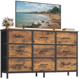 SONGMICS BELLAH Collection - Dresser for Bedroom, TV Stand for TVs Up to 55 Inches, Chest of Drawers for Living Room, Closet, Steel, 9 Drawers, Industrial, Rustic Brown and Ink Black ULGS033KD02S
