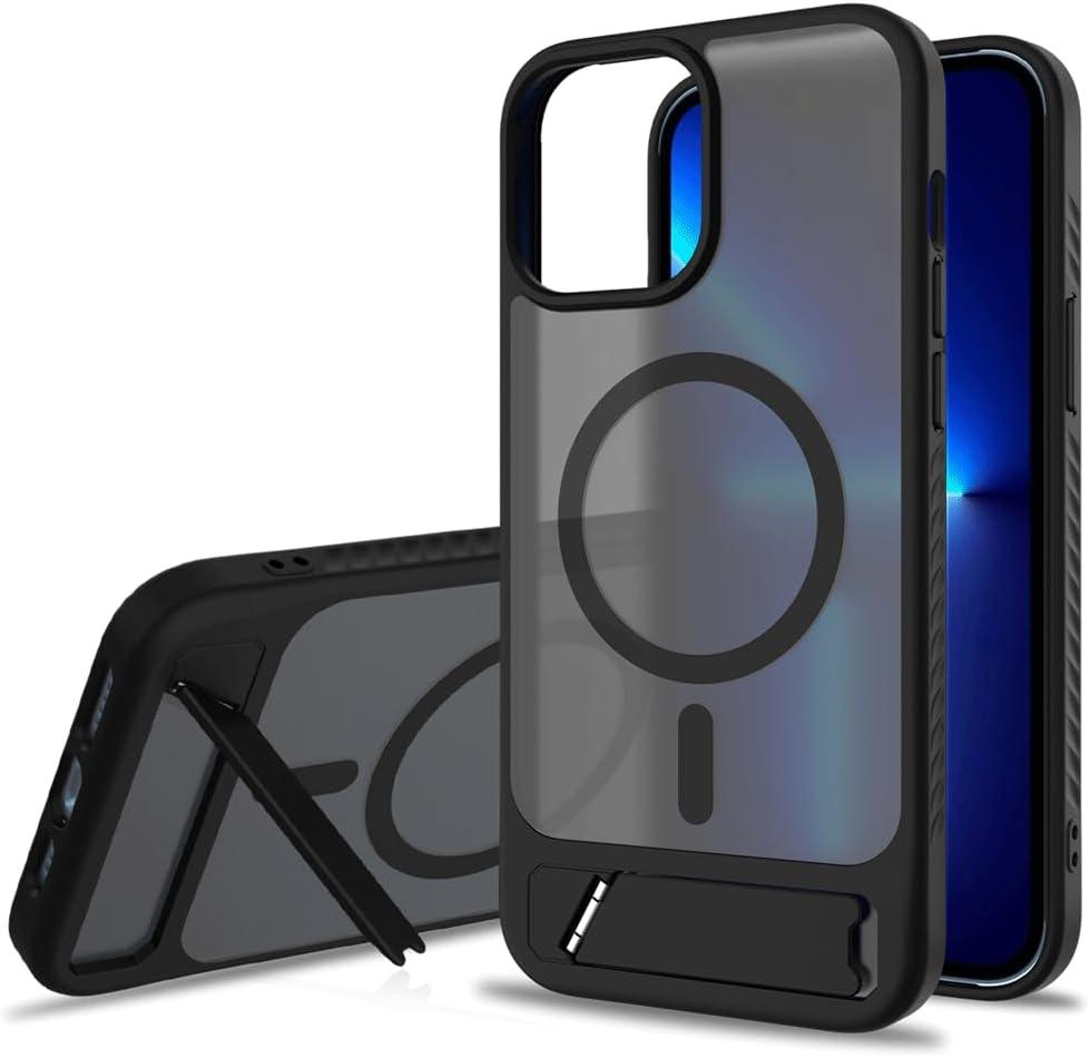 Magnetic Compatible with iPhone 12 Pro Max & iPhone 13 Pro Max Case, [Built-in Invisible Kickstand][Compatible with Mag-Safe] Slim Translucent Matte Phone Case for iPhone 12/13 Pro Max, Black