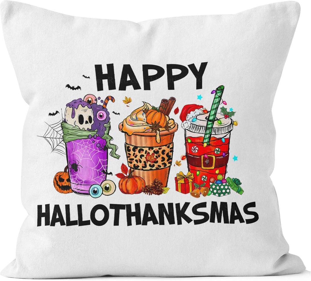 Halloween Thanksgiving Christmas Pillow Covers 18x18, Christmas Coffee Bar Decor, Spooky Skull Pumpkin Coffee Holiday Xmas Decorative Throw Pillow Covers for Bedroom Living Room Home