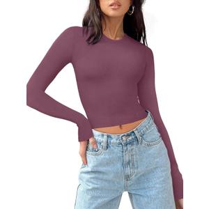 REORIA Womens Long Sleeve Crop Tops Fall Basic Ribbed Shirts Tees Layering Tight Slim Fitted Y2k Tops Plus Size Masala L