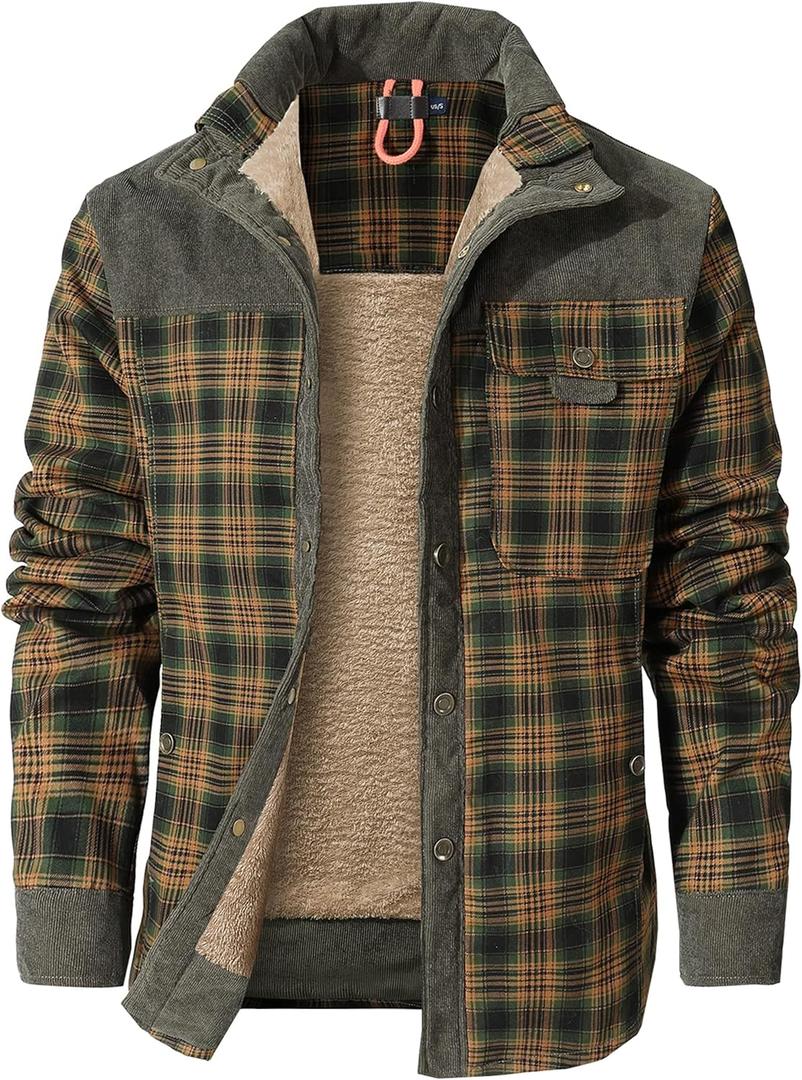 Flygo Men's Sherpa Lined Plaid Flannel Shirt Jacket Snap Button Warm Winter Jacket with Pockets (Medium, Light Army Green)