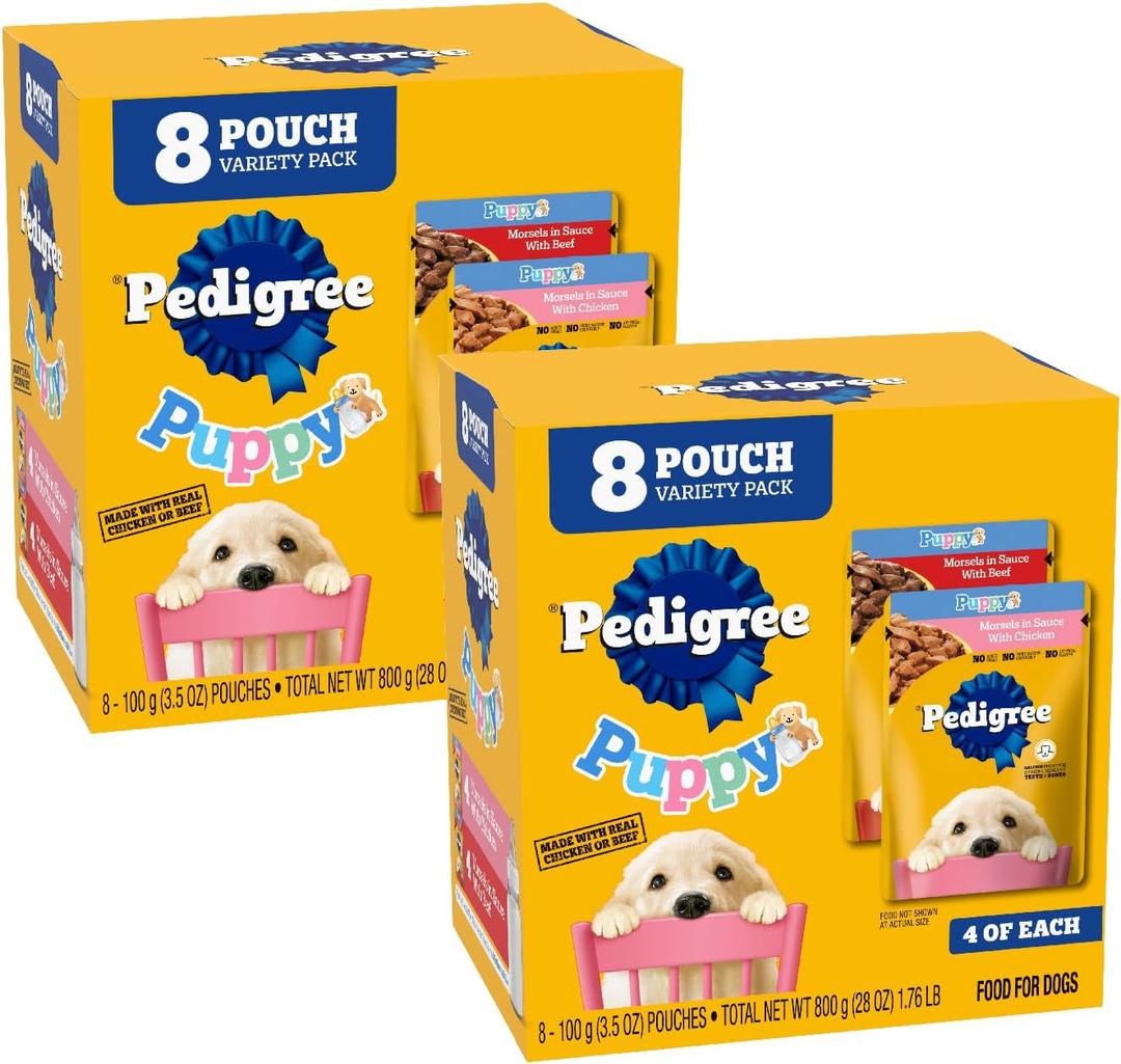 Pedigree Puppy Food Morsels in Sauce, Wet Dog Food Pouches Variety Pack, 3.5 oz. Pouches, 8 Count (Pack of 2), BBD 05/2027