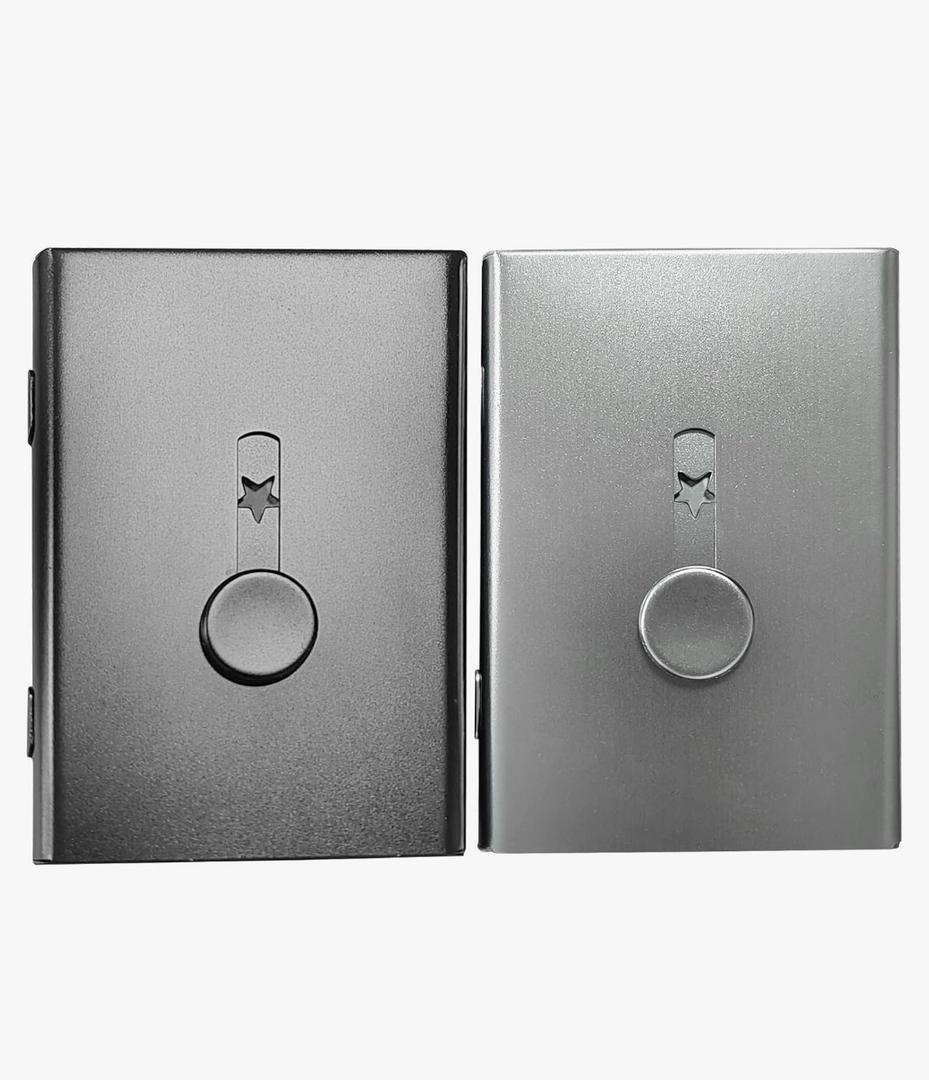 Pack of 2 Business Card Holder with Dot Cards, Stainless Steel Slide Out Thumb Drive Card Case for Men and Women, Portable Credit ID Name Card Wallet Black and Gray