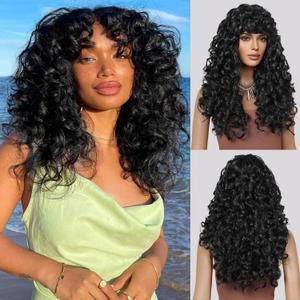 LONAI Curly Wig with Bangs for Black Women Long Black Kinky Wigs with Wispy Bangs WIG006 Curly Gorgeous Fringe Synthetic Wig for Daily Use Party Cosplay-Black (23 Inch (Pack of 1))