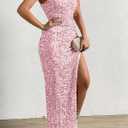 Womens Sequin One Shoulder Sleeveless Wedding Guest Dresses High Split Sparkly Glitter Gowns Bodycon Maxi Dresses (Pink, XL)