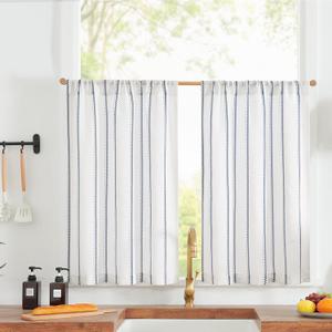 jinchan Linen Striped Kitchen Curtains Tier Cafe Curtains for Living Room Bathroom RV 24 Inch Farmhouse Rustic Half Window Treatment Light Filtering 2 Panels Blue on White