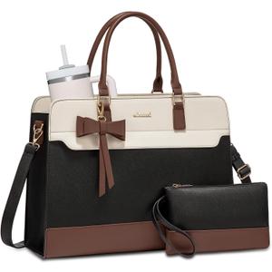 LOVEVOOK Laptop Tote Bag for Women,Leather Work Bag, Waterproof Business Teacher Bag,Large Computer Handbag Purse Briefcase,Office Gifts for Women (15.6 Inch, Black-white-brown-up)