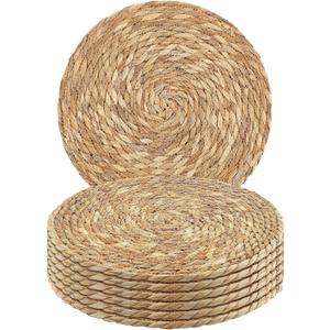 Set of 6 Round Woven Placemats - 13.8 Inches Natural Boho Rattan Wicker Table Mats for Home Dining Table