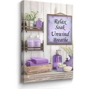 BJYCHG Purple Bathroom Canvas Wall Art Rustic Bathroom Picture Prints Farmhouse Flowers Bottles Painting Purple Wall Decor for Toilet Restroom Framed (Lavender, 24L x 16W)